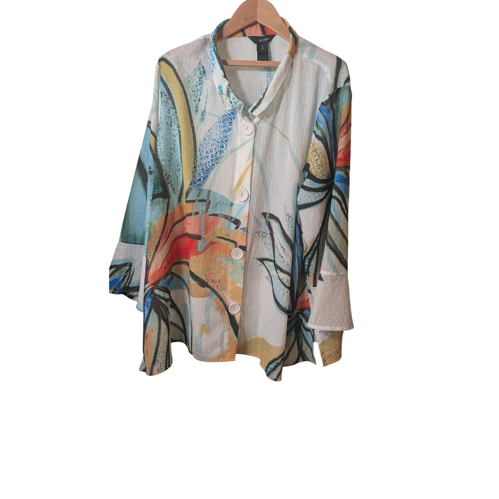 Ali Miles Womens 2X Artistic Floral Button Front Blouse Textured Crinkle Top